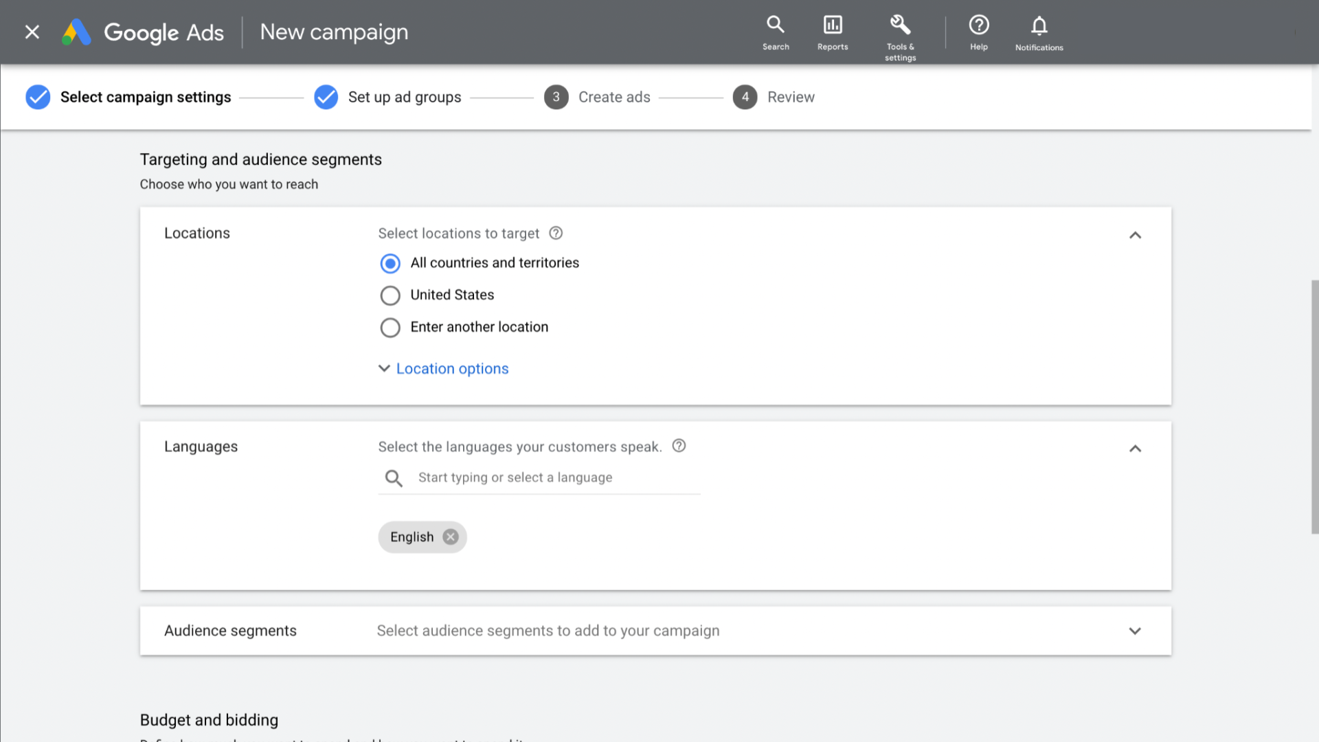 The Google Ads interface is shown where users are prompted to select targets and languages for their campaign.