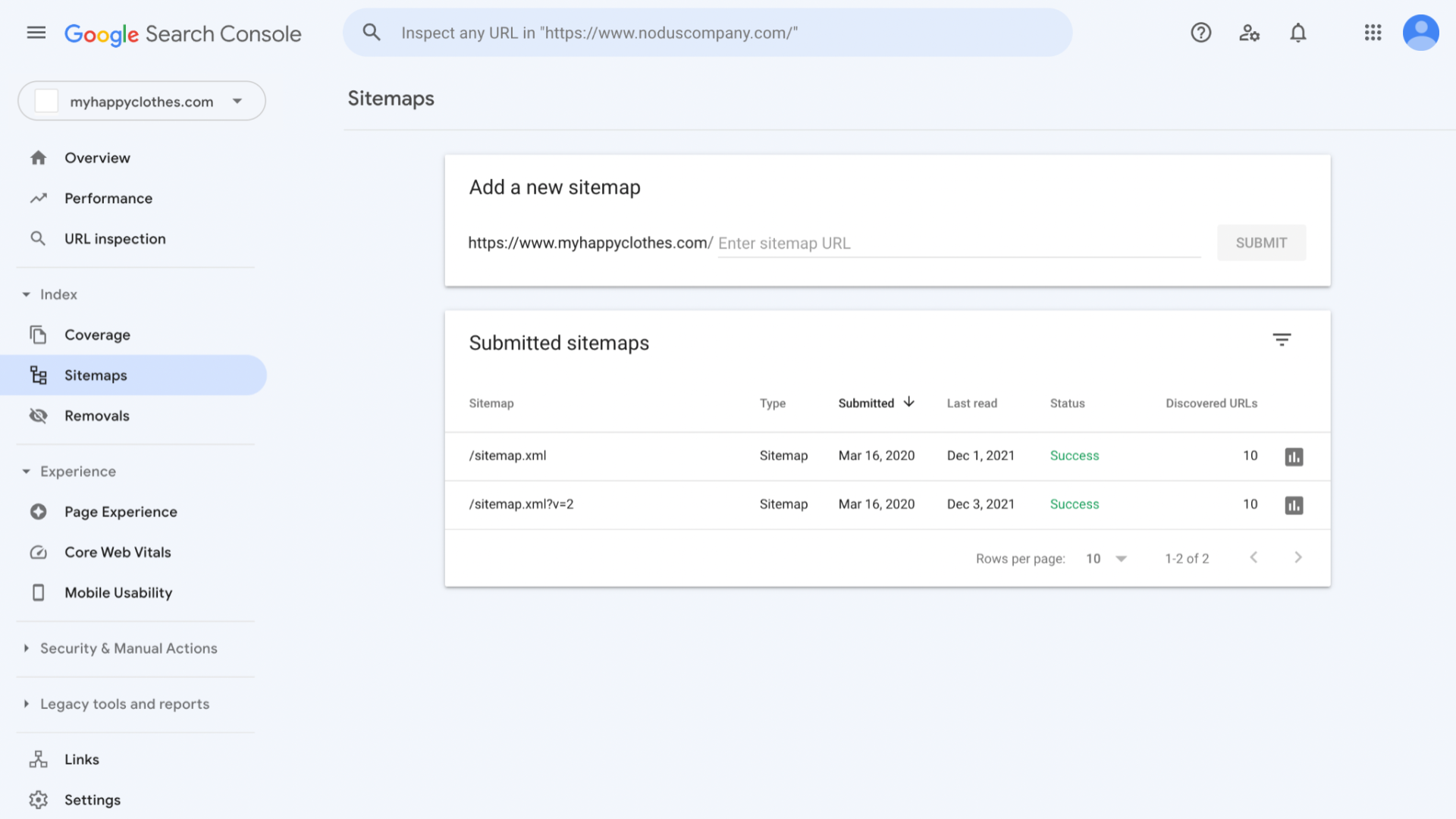 A view of a sitemaps report in Google Search Console.