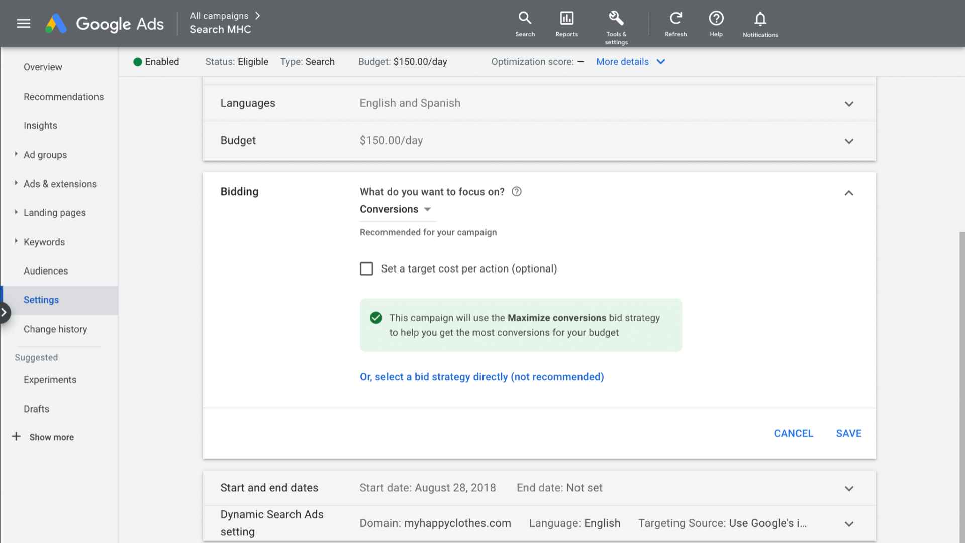 Google Ads bidding options during the campaign creating process.