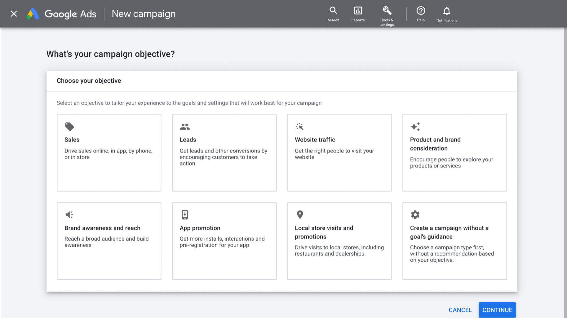 The Google Ads interface showing where users are prompted to select from eight options under “Choose your objective."