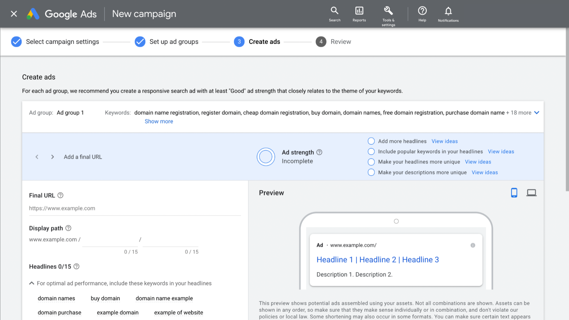 The Google Ads interface is shown where users are prompted to review and finalize details for their campaign.