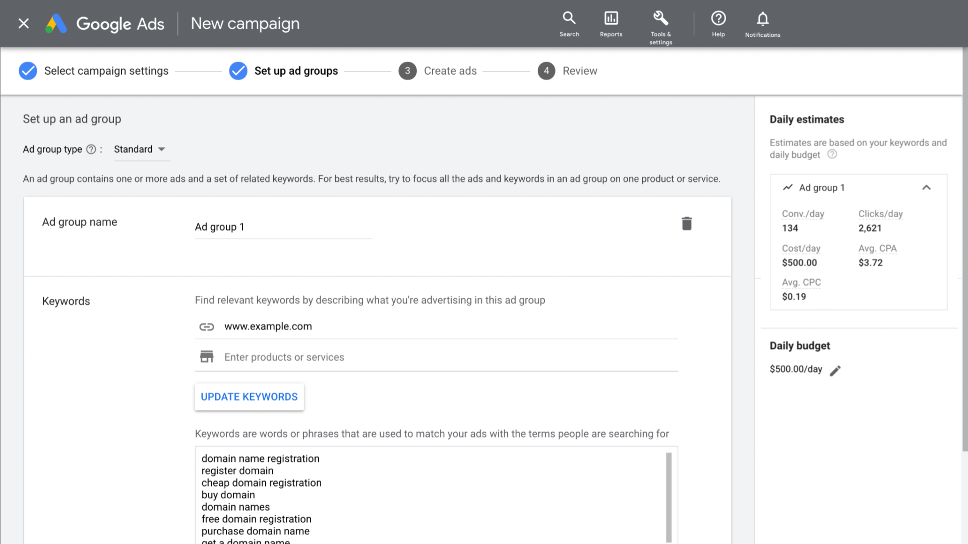 The Google Ads interface is shown where users are prompted to enter an Ad group name and keywords for their campaign.