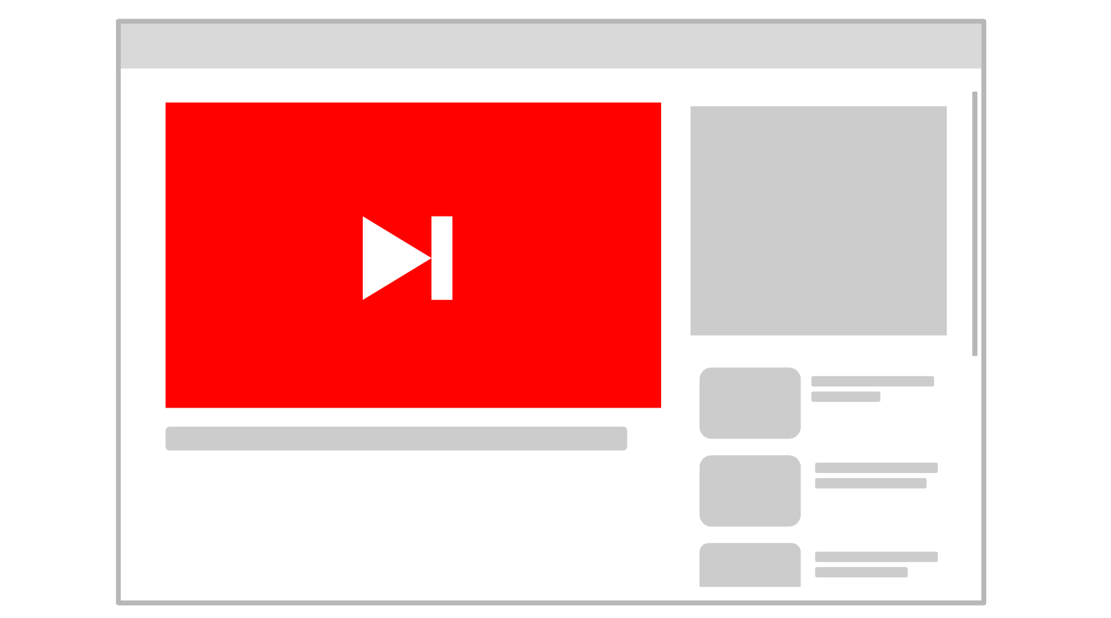 A YouTube video page shows the placement of a skippable video ad in the media player represented by a skip symbol.
