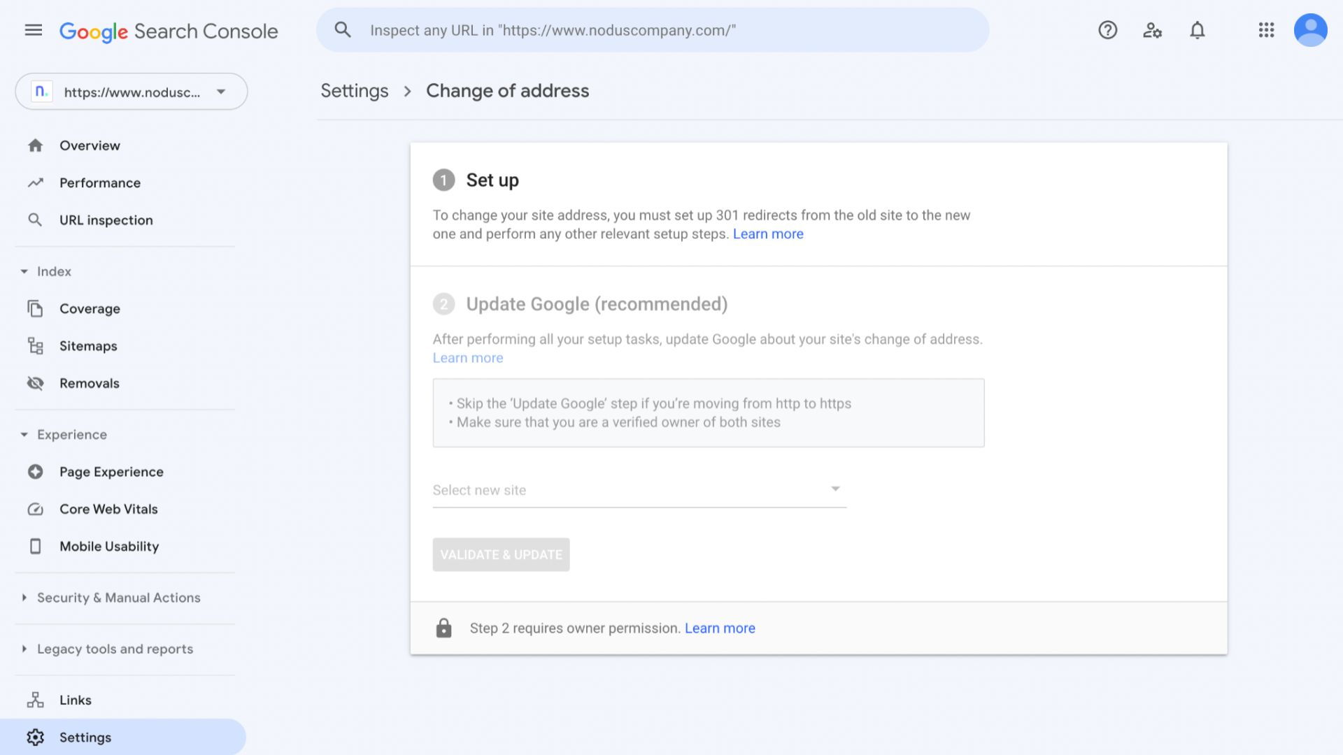 The change of address feature in Google Search Console’s settings.