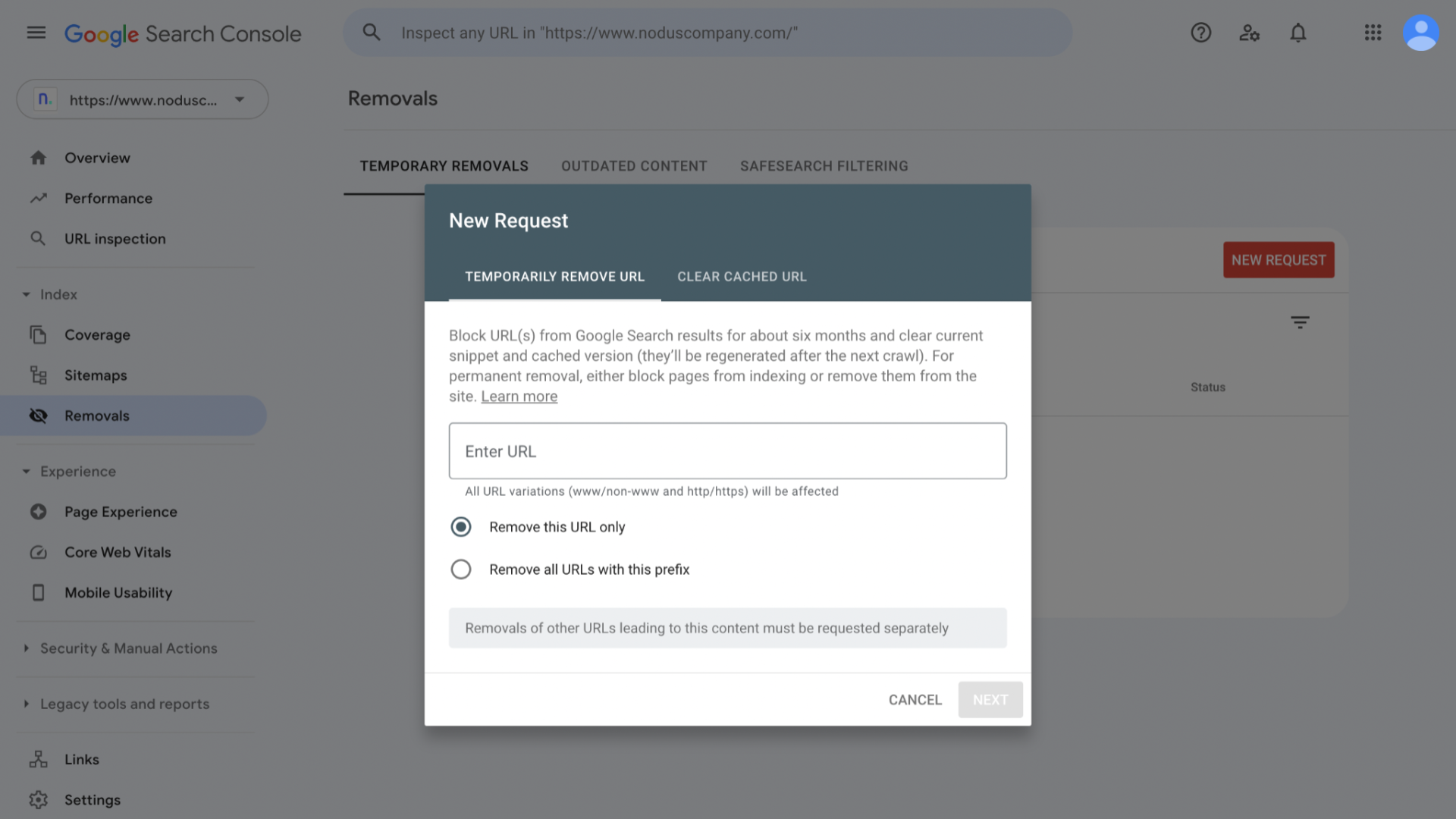 A view of the removals tool in Google Search Console.