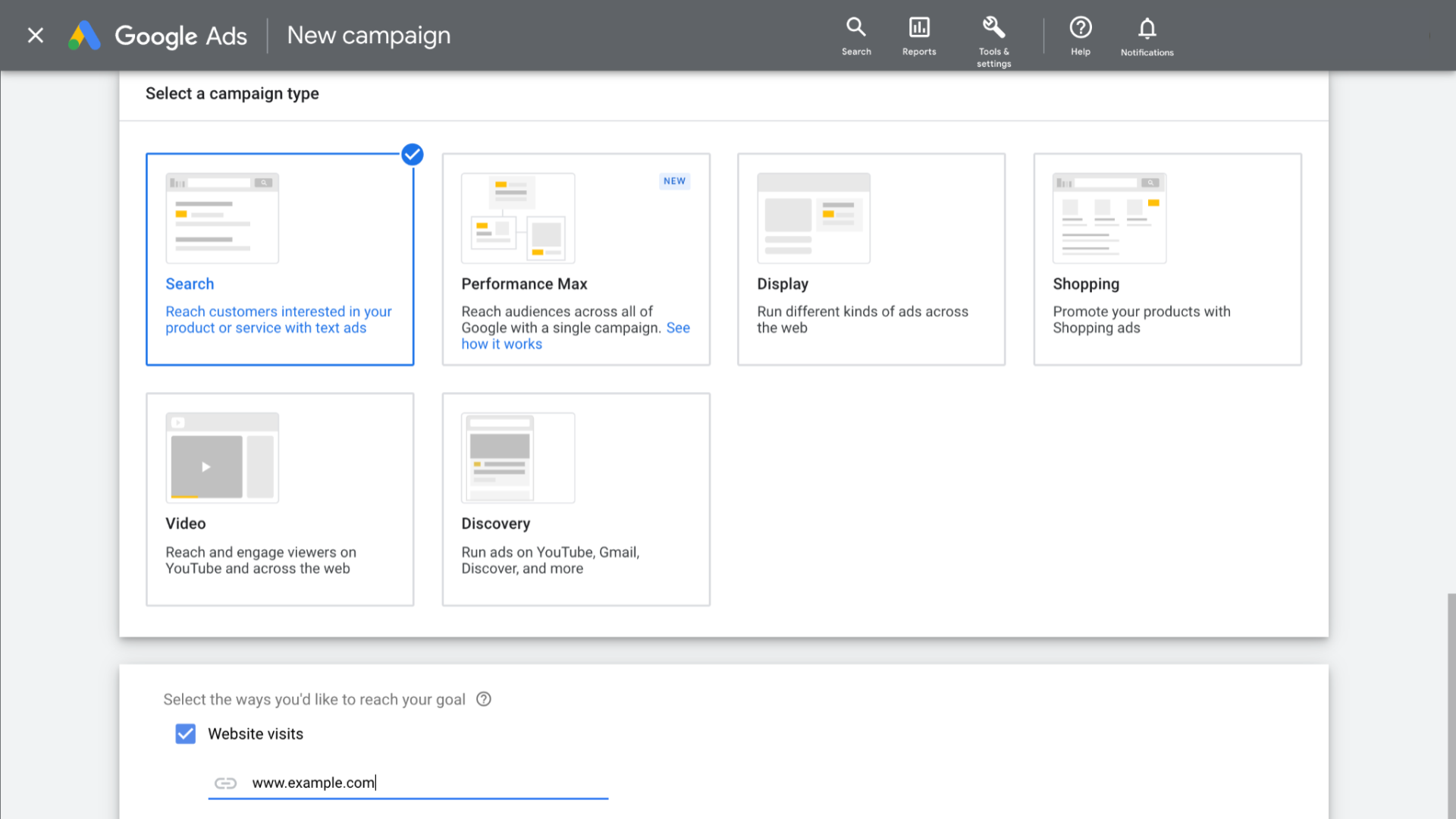 The Google Ads interface. Users are prompted to select from six options under “select a campaign type.”
