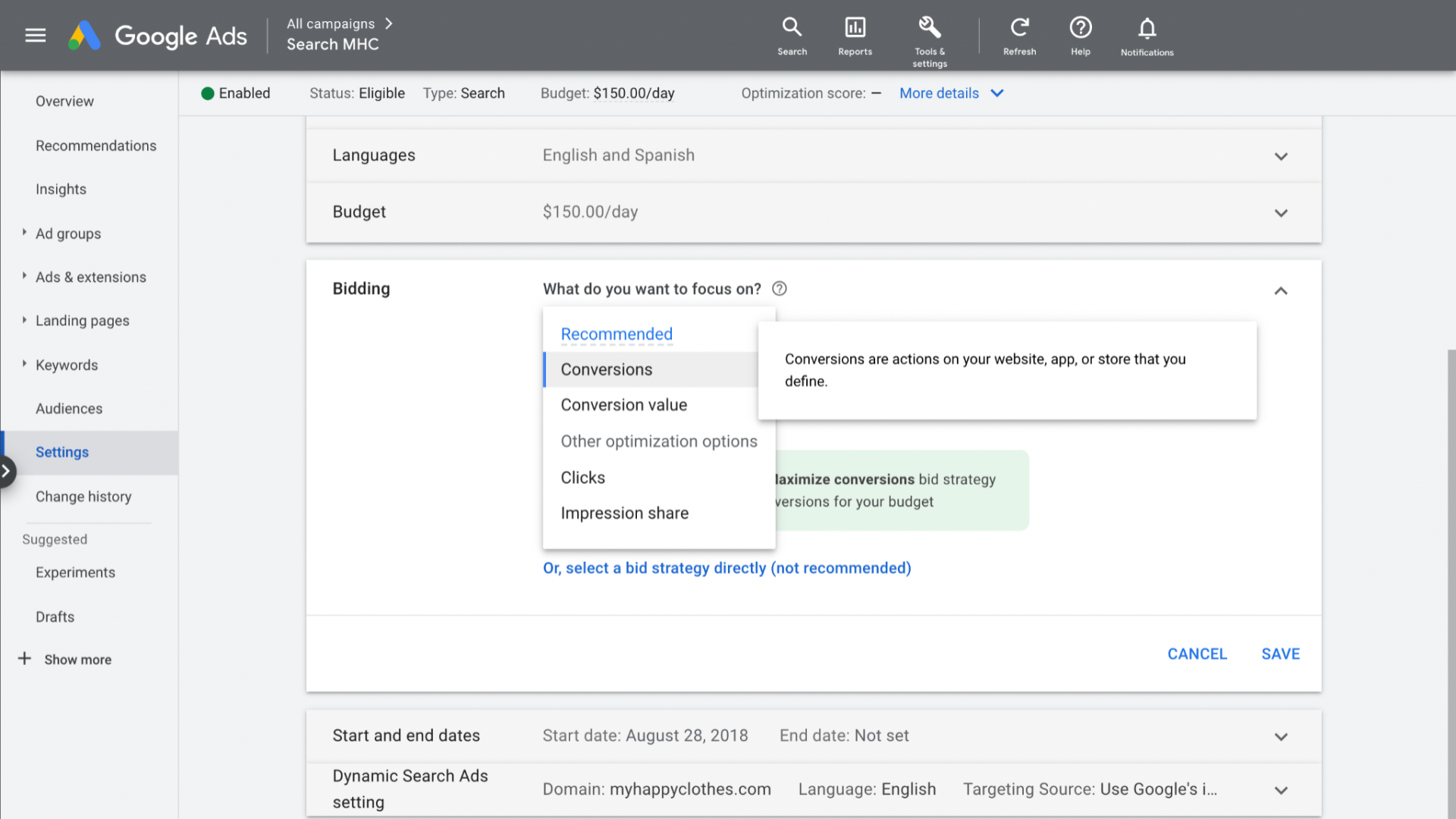 Google Ads bidding options during the campaign creating process.