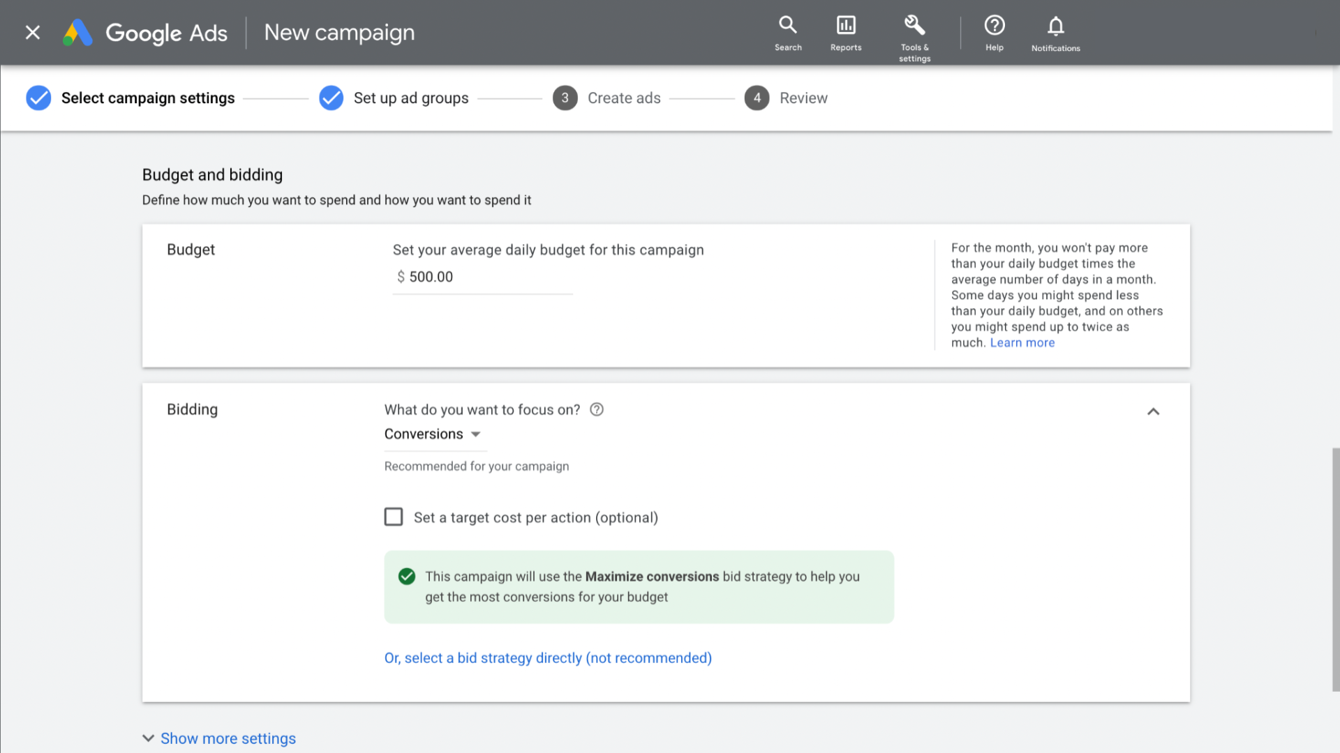 The Google Ads interface is shown where users are prompted to select from a drop down menu of bidding strategies.