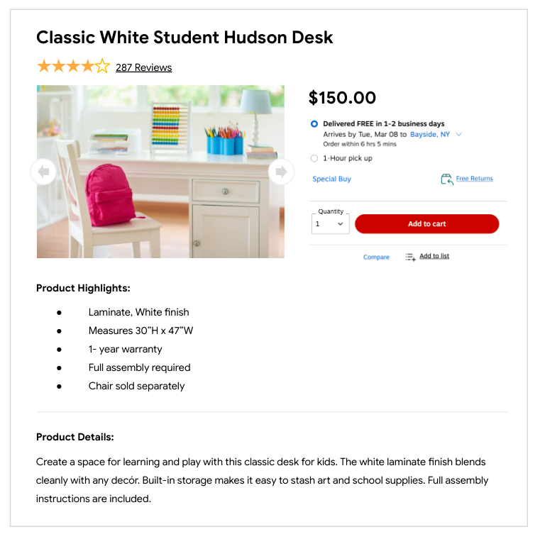 Product detail page for a kids’ desk, with product description, product images, and customer reviews