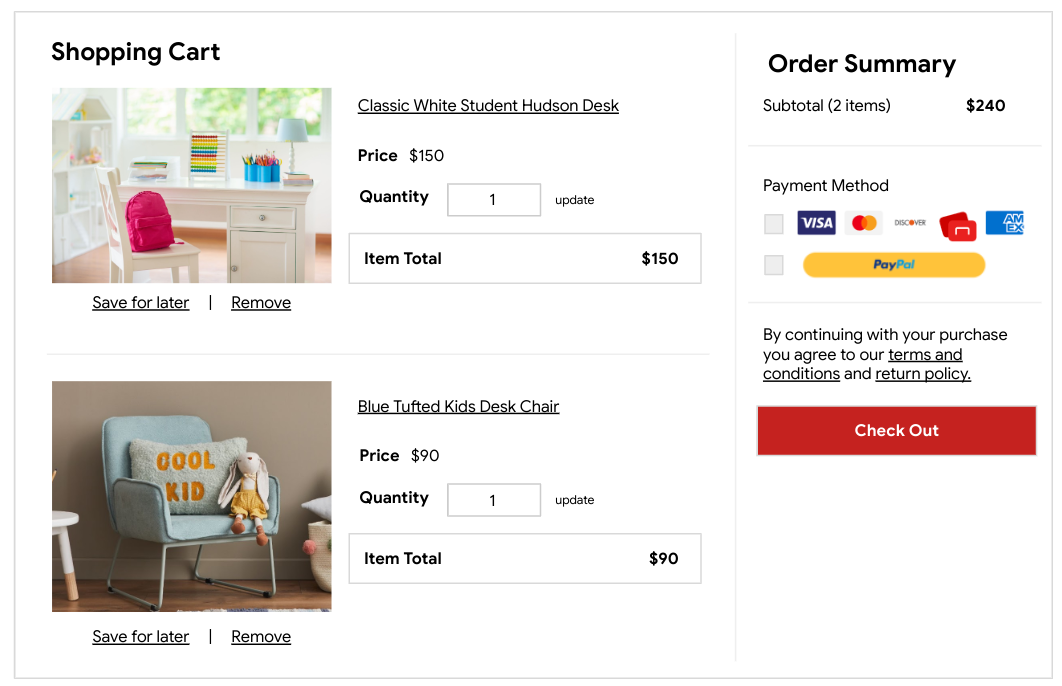 Online shopping cart with a kids’ desk and desk chair